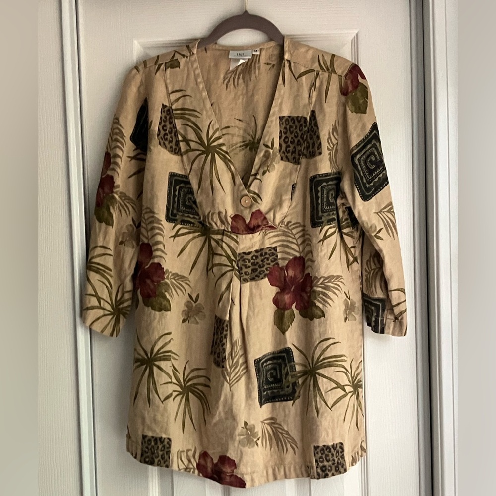 Hot Cotton woman’s top blouse tunic vintage Hawaiian V neck 3/4 sleeve M